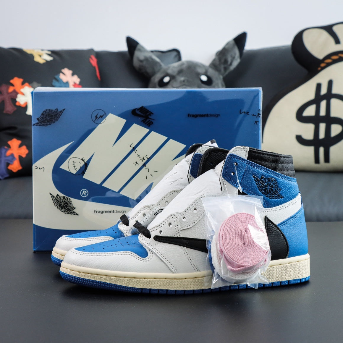 Jordan 1 Retro High x Fragment Design x Travis Scott 'Sail Black Military Blue