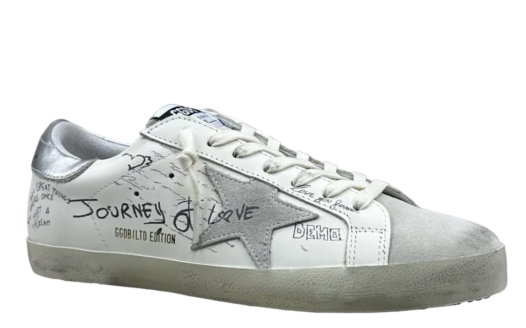 Golden Goose Super-Star 'White Leather With Graffiti Text Grey Star/Silver Tab'