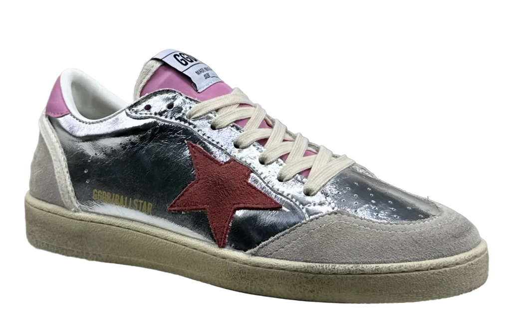 Golden Goose Ball-Star 'Silver Red Suede Star/Pink Heel Tab'
