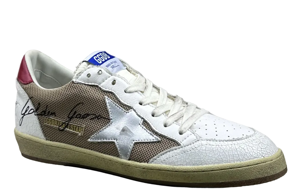 Golden Goose Ball-Star 'Beige Mesh Silver Star/Red Heel Tab'