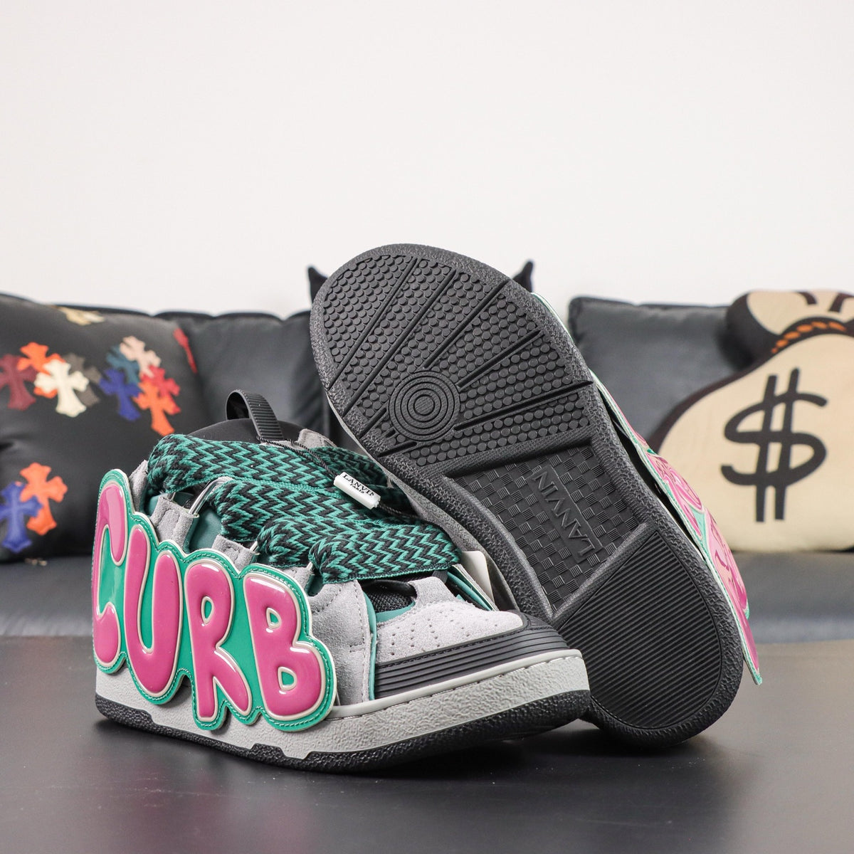 LANVIN CURB SNEAKER grey, dark green, and pink