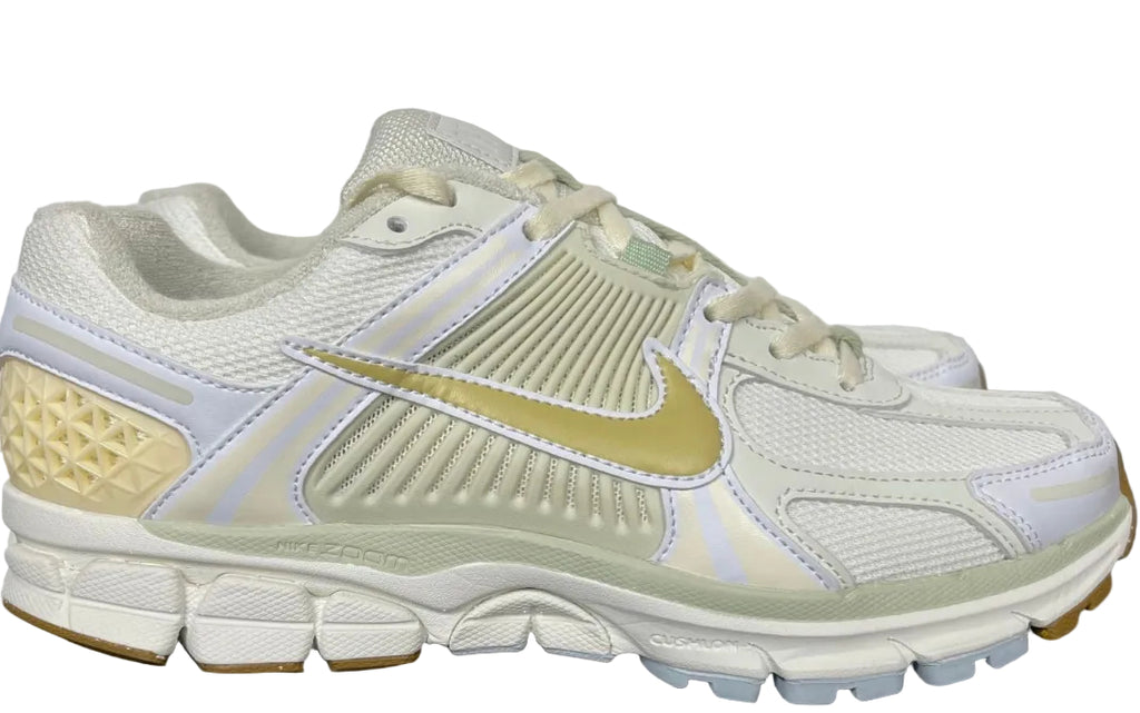 NIKE AIR ZOOM VOMERO 5 "Sail Buff Gold" cream and white mesh upper, buff gold Swoosh