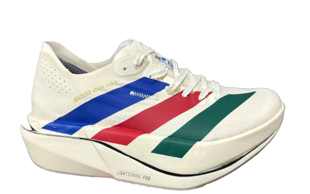 Adidas Adizero Adios Pro 5 white, blue, red, and green