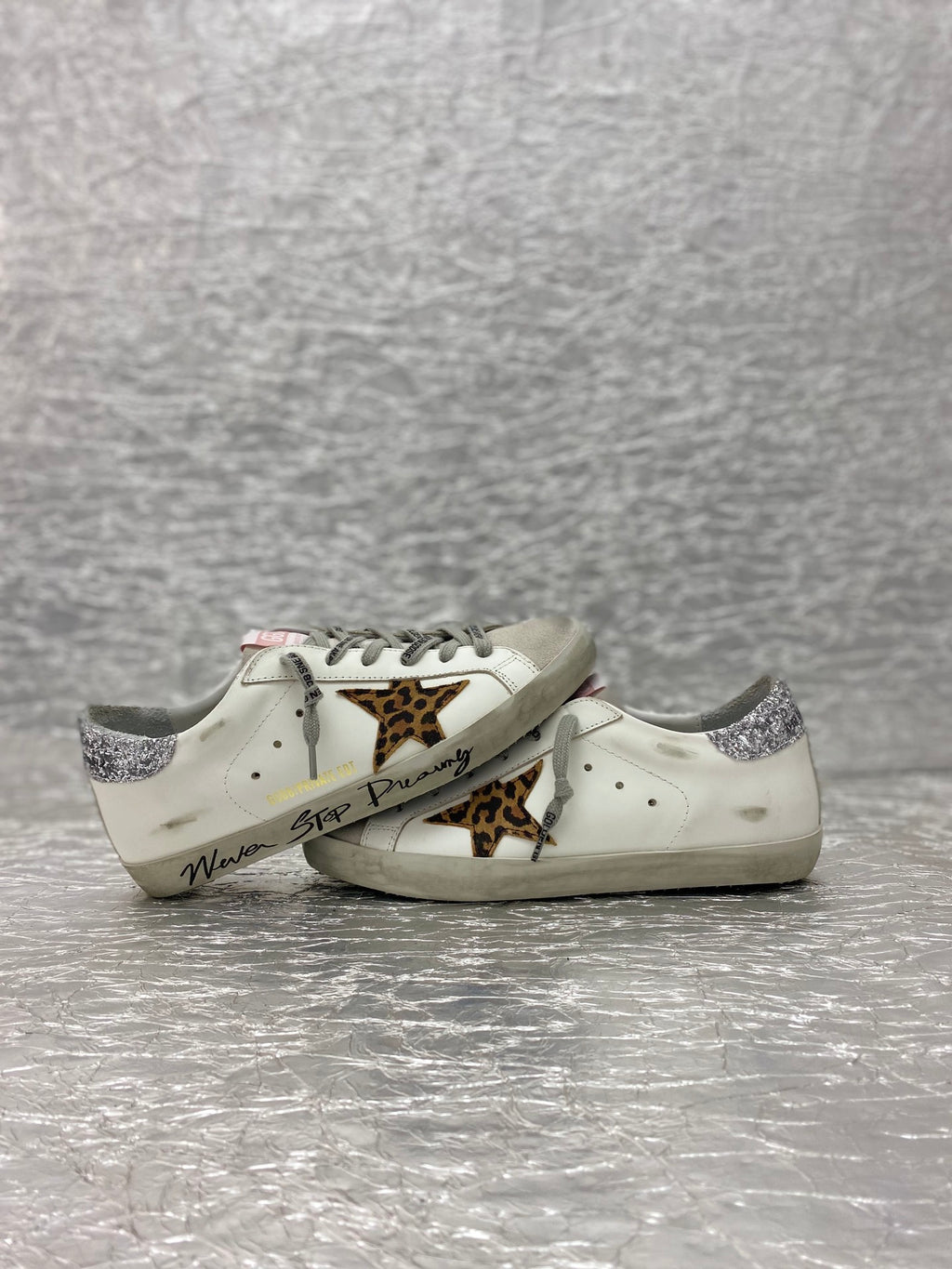 Golden Goose Super-Star 'Leopard Print Star/Silver Glitter Heel Tab'