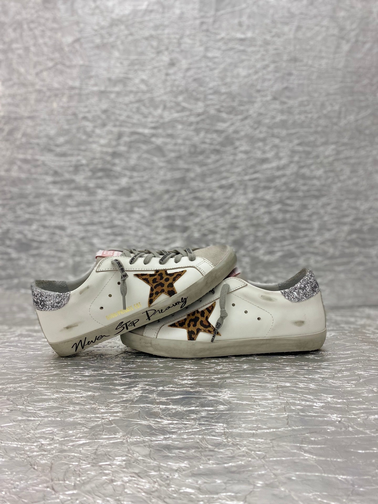 Golden Goose Super-Star 'Leopard Print Star/Silver Glitter Heel Tab'