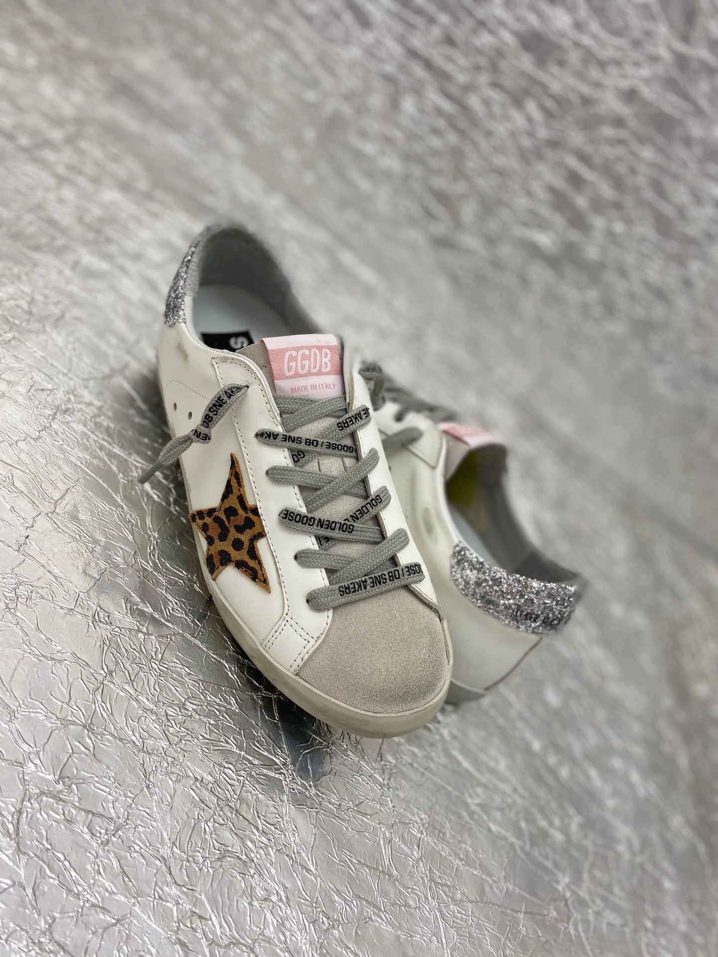Golden Goose Super-Star 'Leopard Print Star/Silver Glitter Heel Tab'