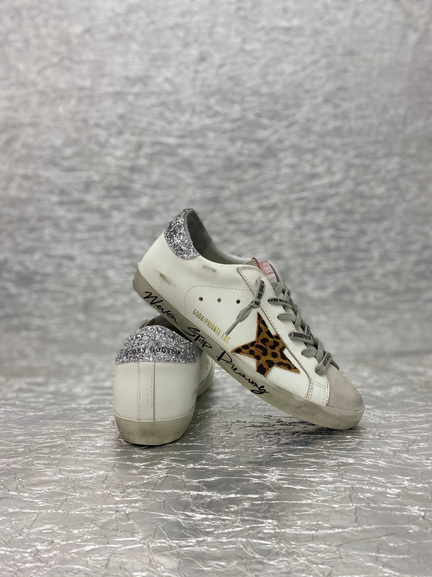 Golden Goose Super-Star 'Leopard Print Star/Silver Glitter Heel Tab'