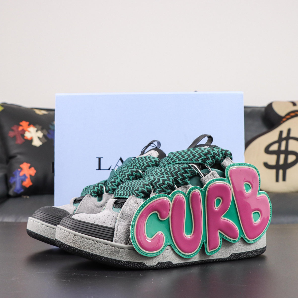 LANVIN CURB SNEAKER grey, dark green, and pink
