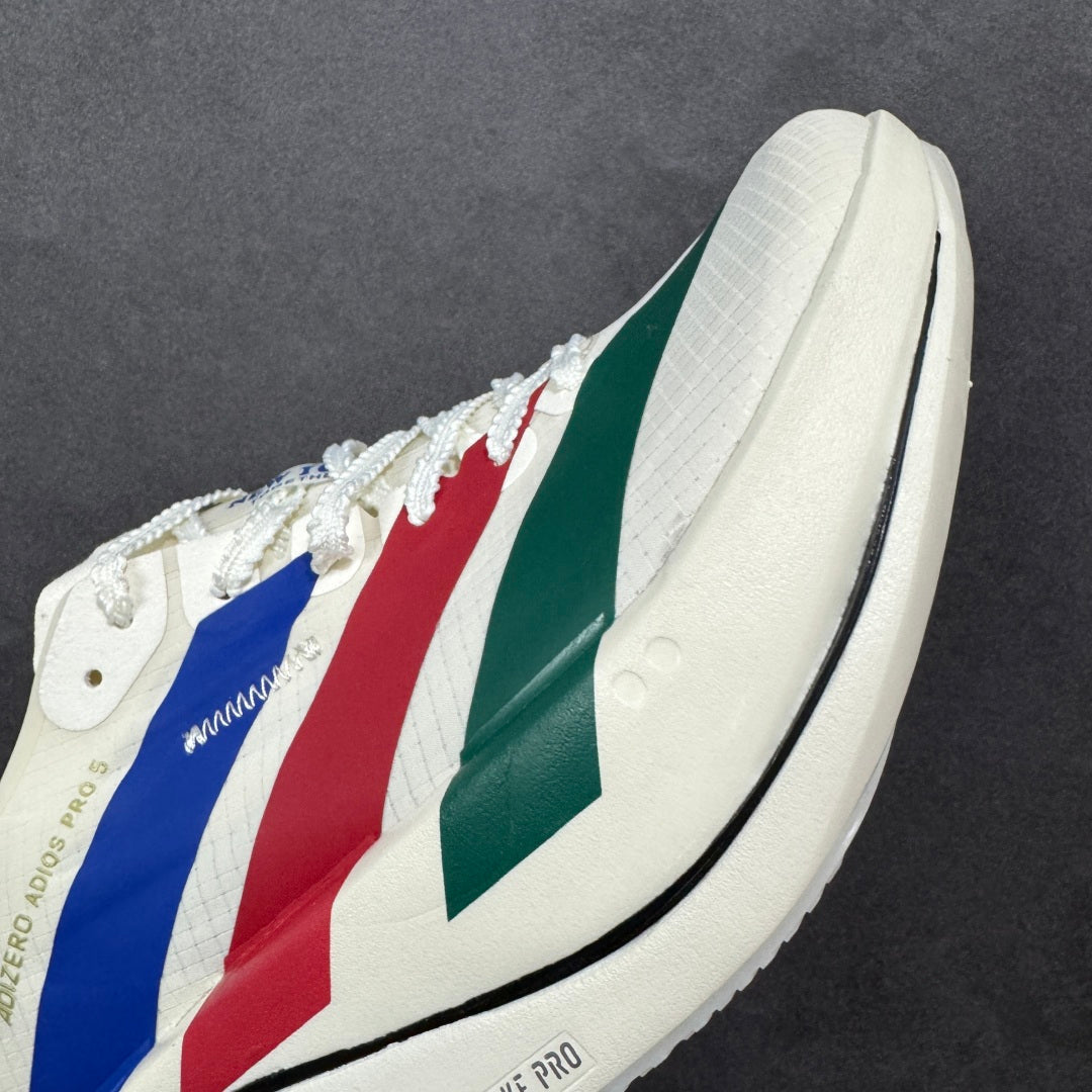 Adidas Adizero Adios Pro 5 white, blue, red, and green