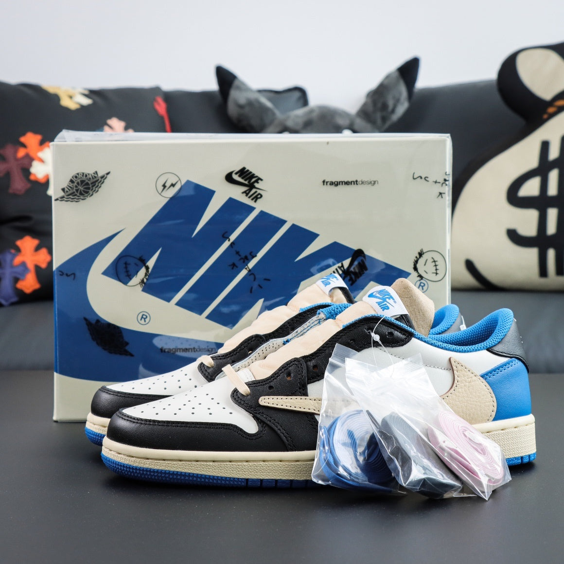 Jordan 1 Retro Low x Fragment Design x Travis Scott x 'Sail Black Military Blue'