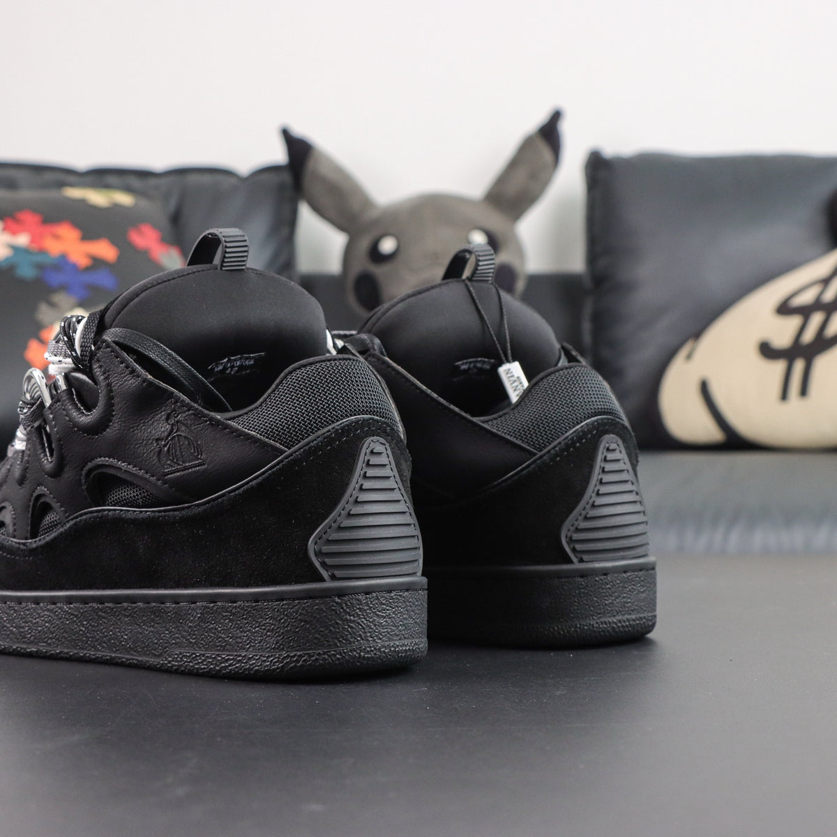 LANVIN CURB SNEAKER all-black nappa leather, suede, and mesh with oversized herringbone laces