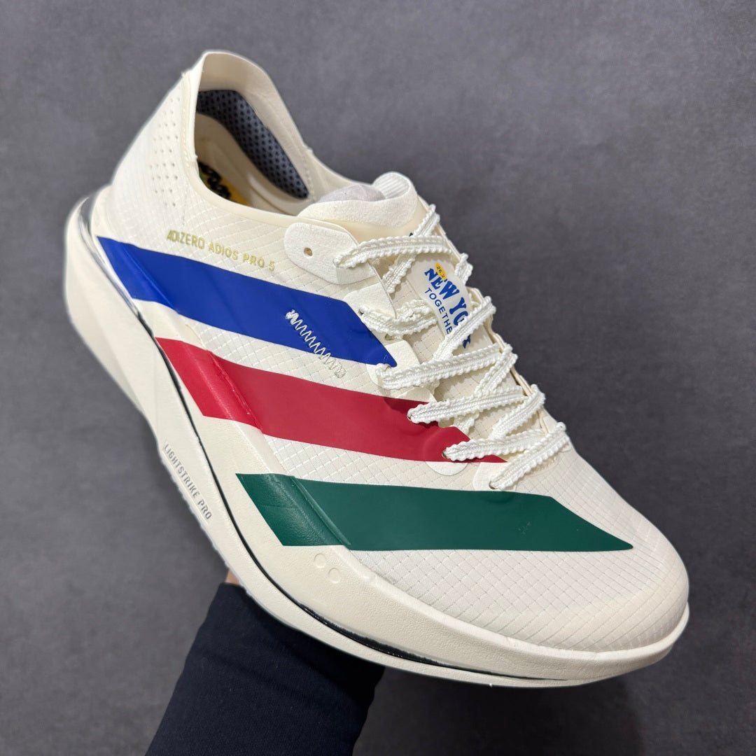 Adidas Adizero Adios Pro 5 white, blue, red, and green