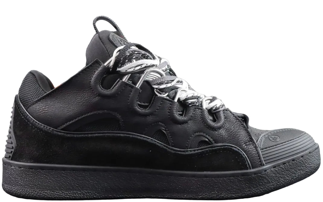LANVIN CURB SNEAKER all-black nappa leather, suede, and mesh with oversized herringbone laces