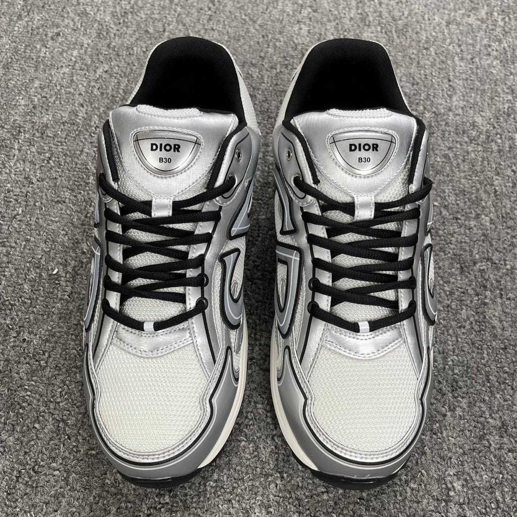 DIOR B30 SNEAKER White Mesh Silver-Tone Metallic Calfskin