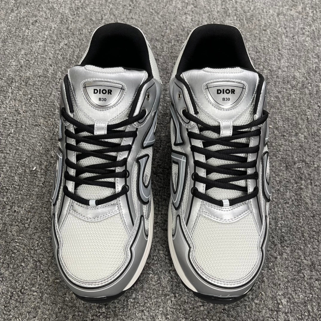 DIOR B30 SNEAKER White Mesh Silver-Tone Metallic Calfskin