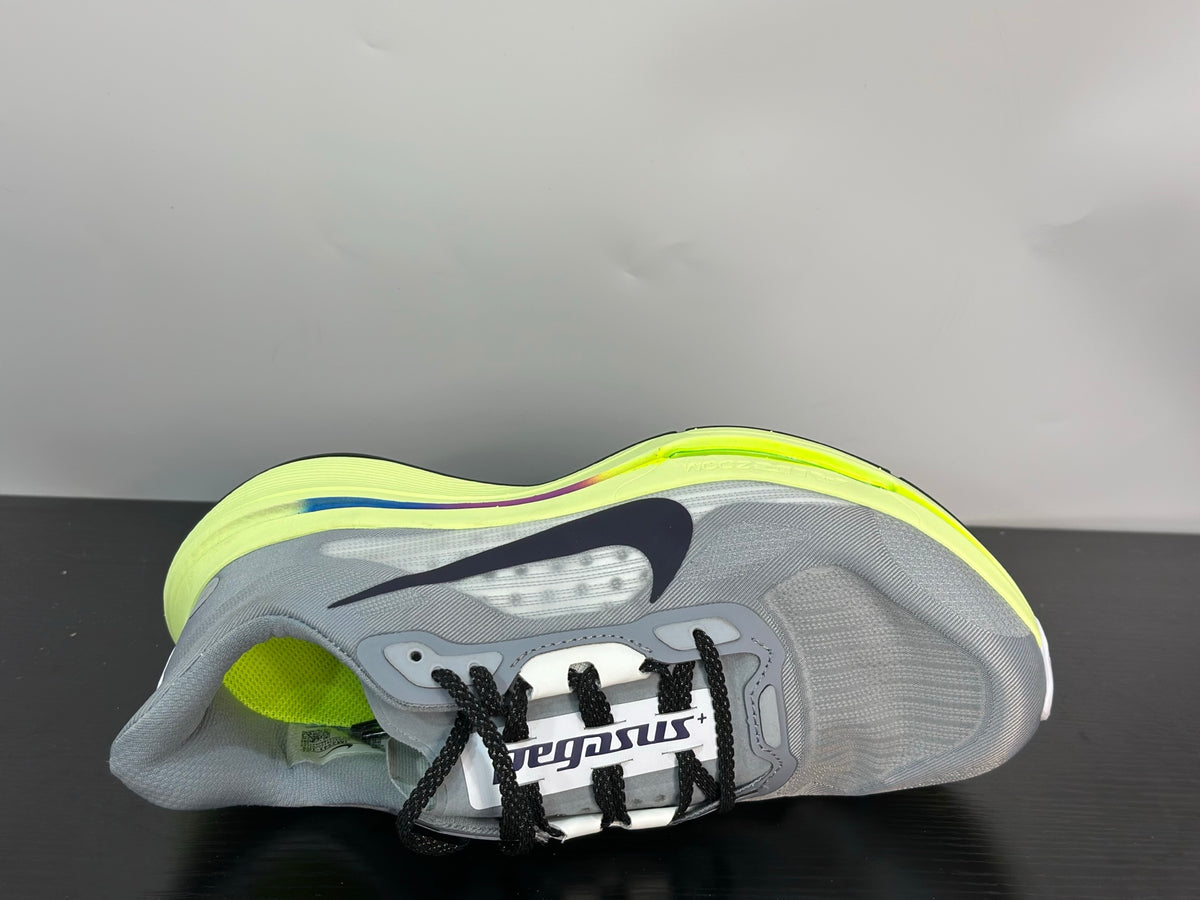 NIKE PEGASUS PREMIUN gray upper, black Swoosh, and a vibrant volt and purple