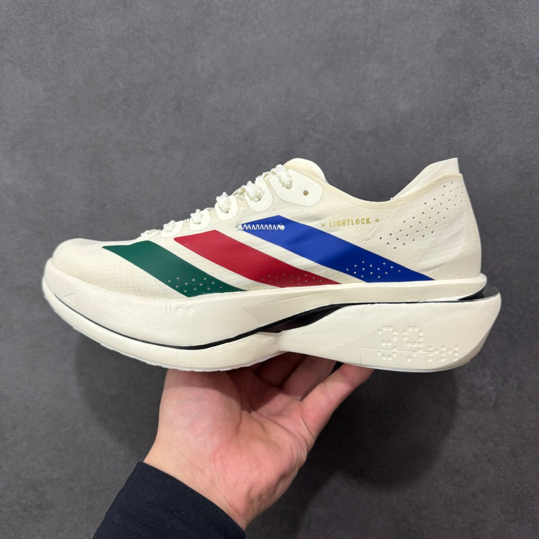 Adidas Adizero Adios Pro 5 white, blue, red, and green