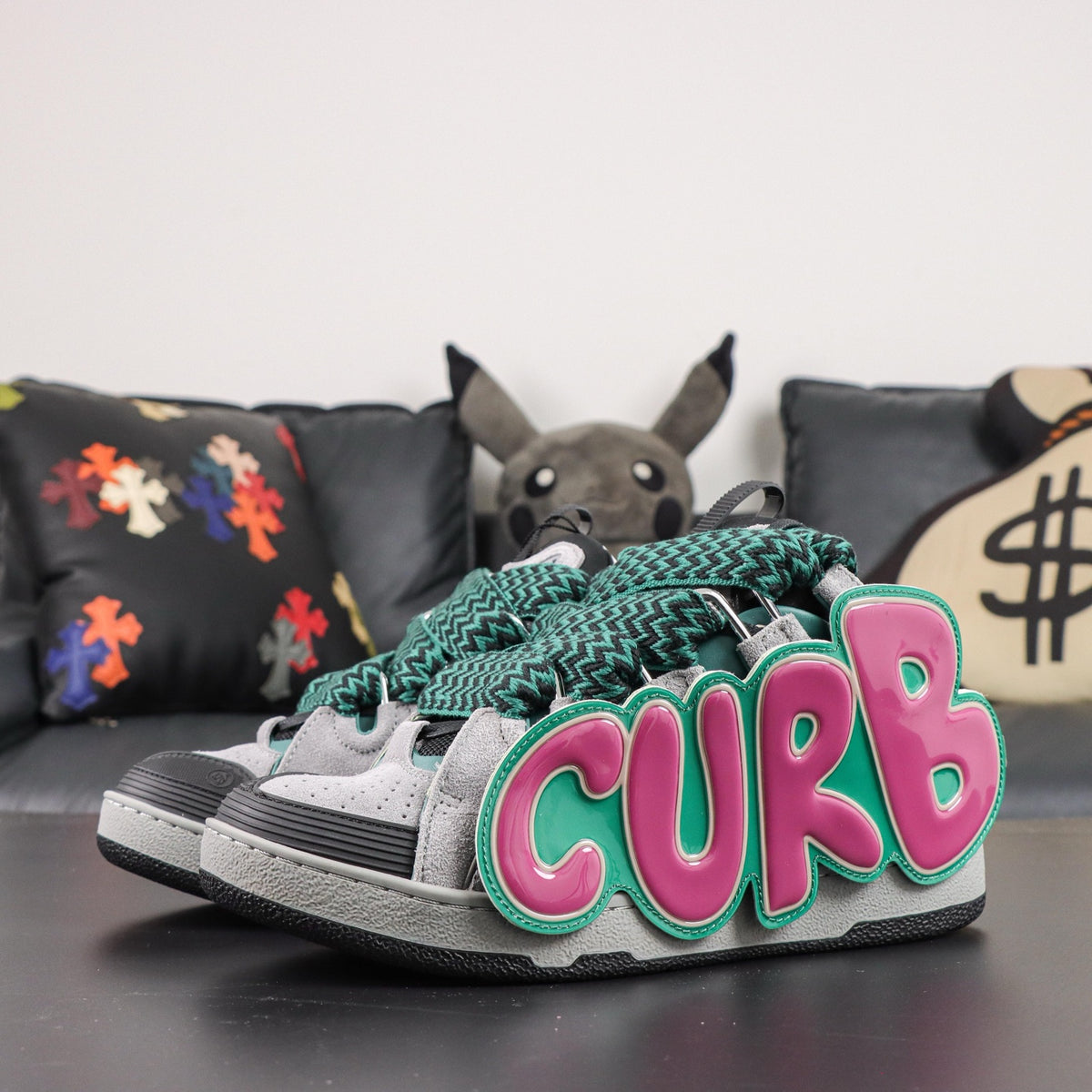 LANVIN CURB SNEAKER grey, dark green, and pink