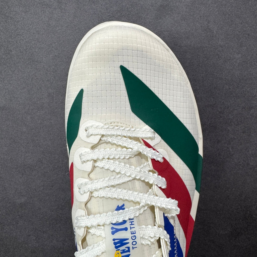 Adidas Adizero Adios Pro 5 white, blue, red, and green