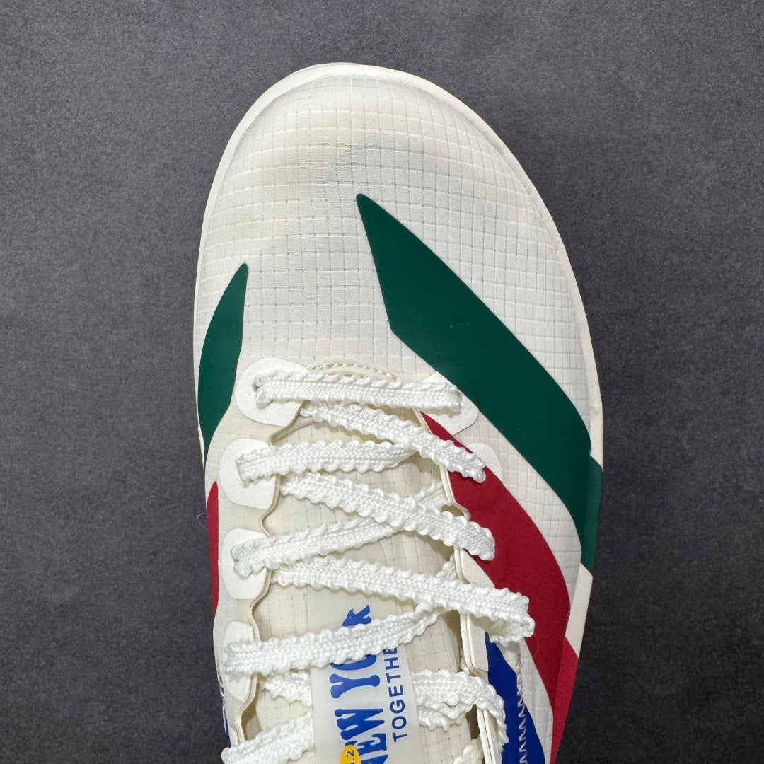 Adidas Adizero Adios Pro 5 white, blue, red, and green