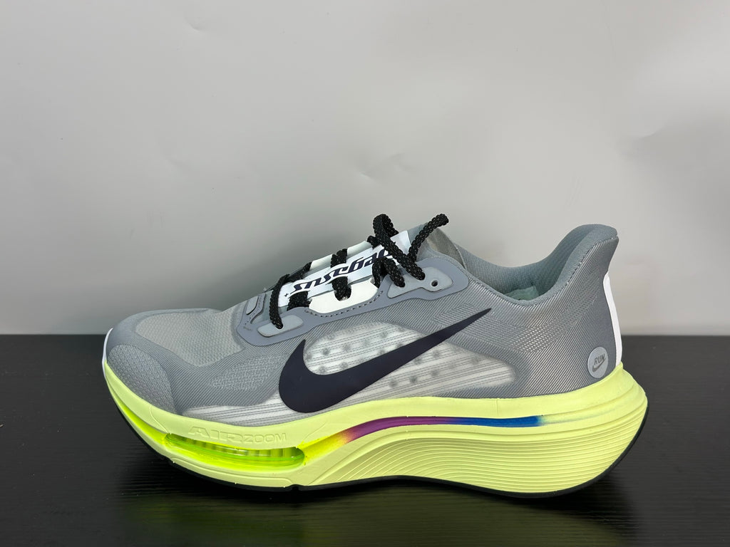 NIKE PEGASUS PREMIUN gray upper, black Swoosh, and a vibrant volt and purple