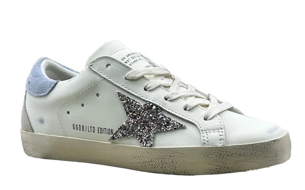 Golden Goose Super-Star 'Silver Glitter Star/Light Blue Suede Heel Tab'