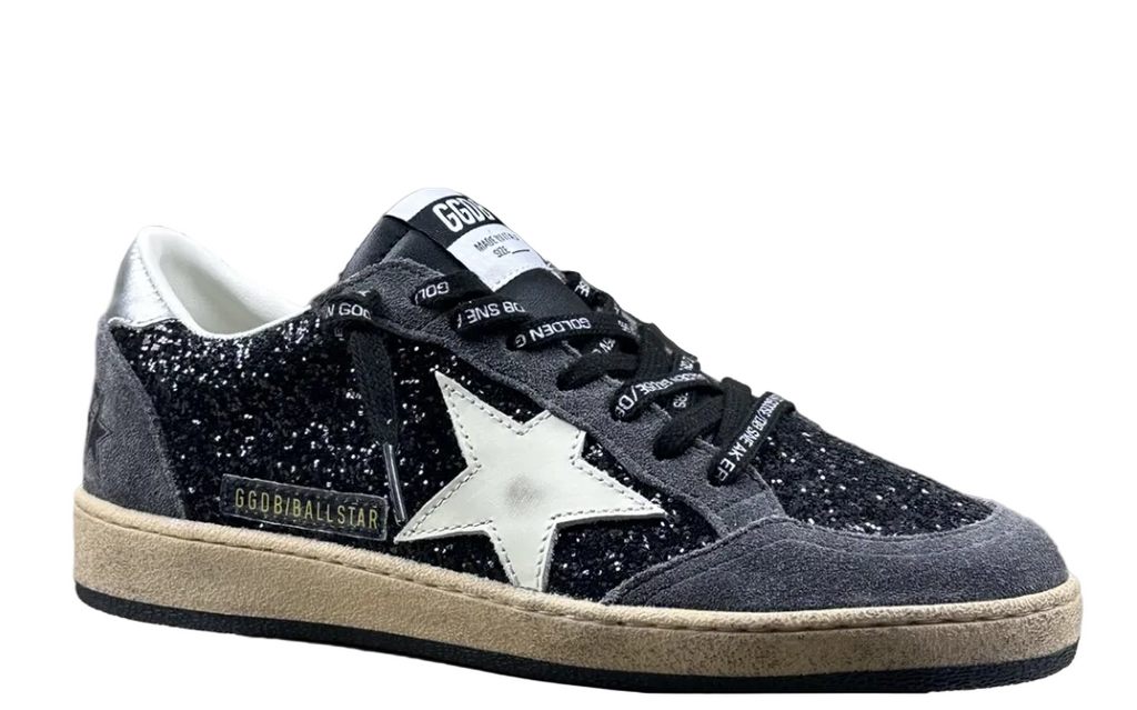 Golden Goose Ball-Star 'Black Glitter Leather White Star/Silver Heel Tab'