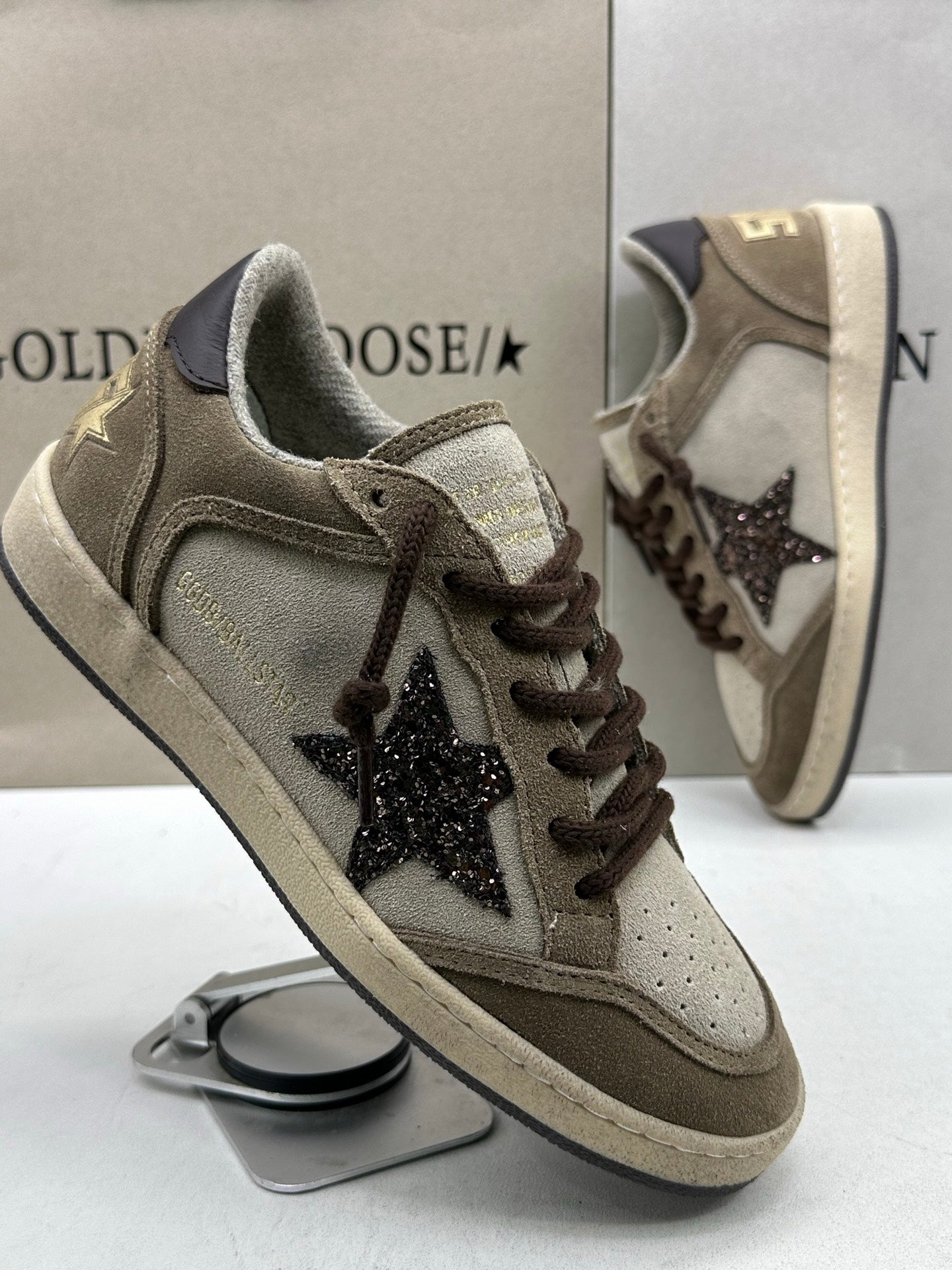 Golden Goose Ball-Star 'Beige Suede Dark Brown Glitter Star/Dark Brown Tab