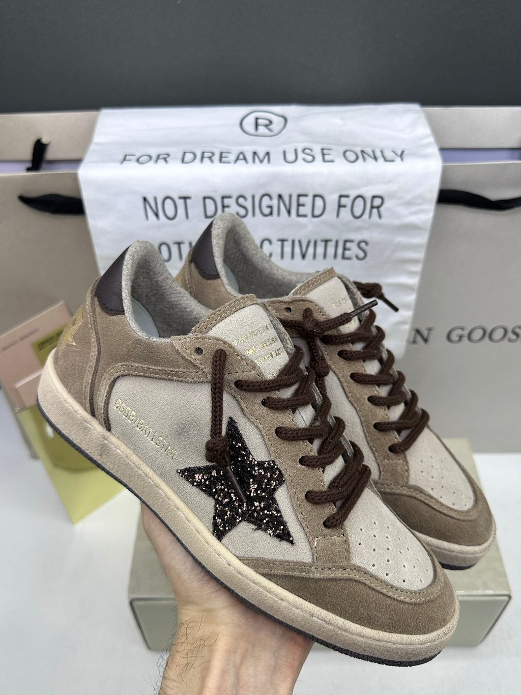 Golden Goose Ball-Star 'Beige Suede Dark Brown Glitter Star/Dark Brown Tab