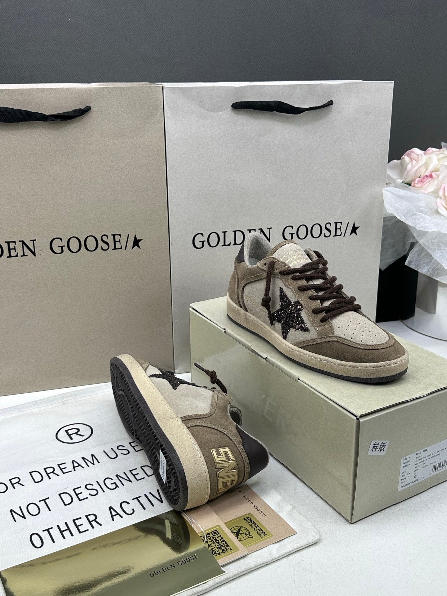 Golden Goose Ball-Star 'Beige Suede Dark Brown Glitter Star/Dark Brown Tab