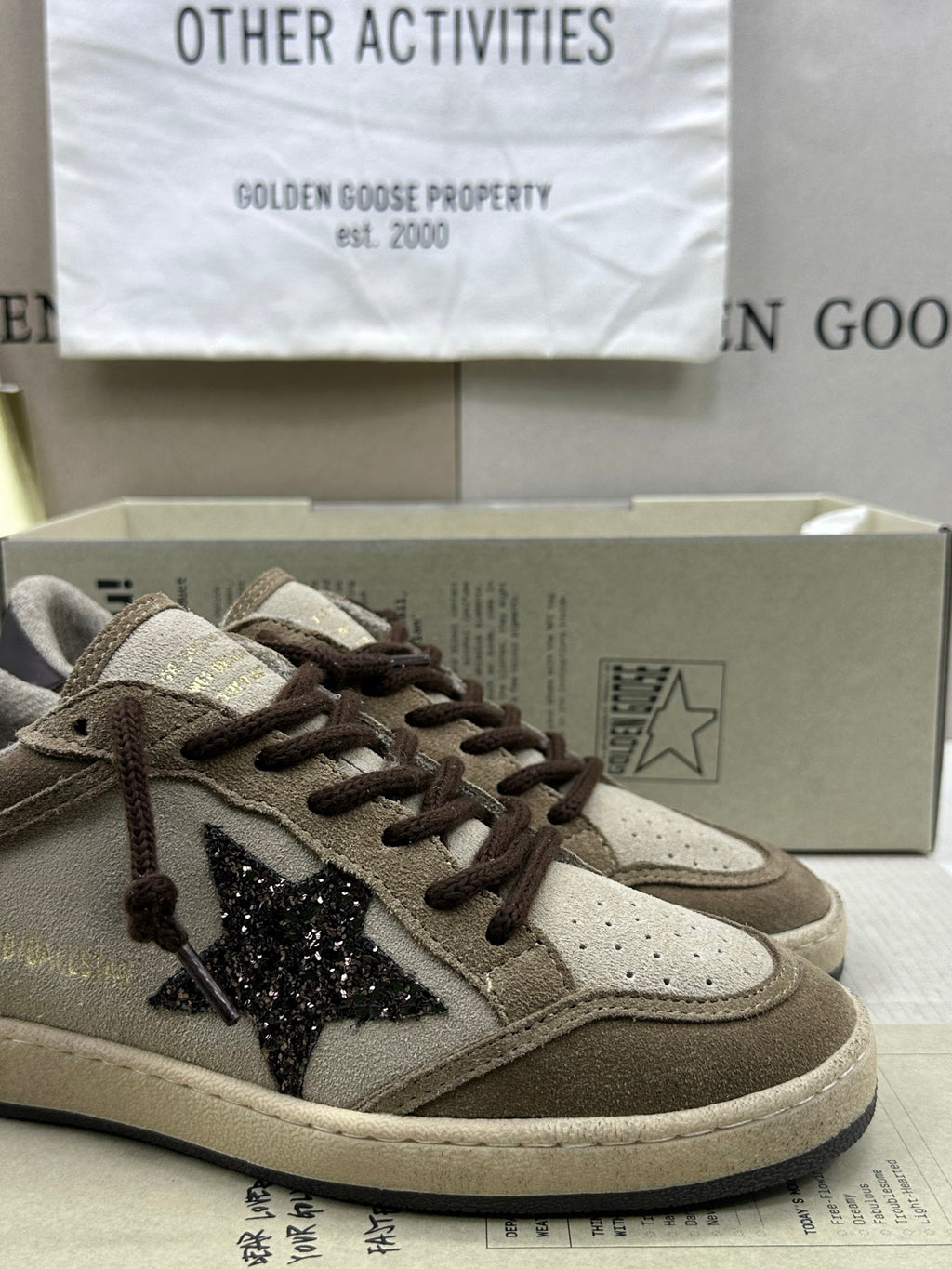 Golden Goose Ball-Star 'Beige Suede Dark Brown Glitter Star/Dark Brown Tab
