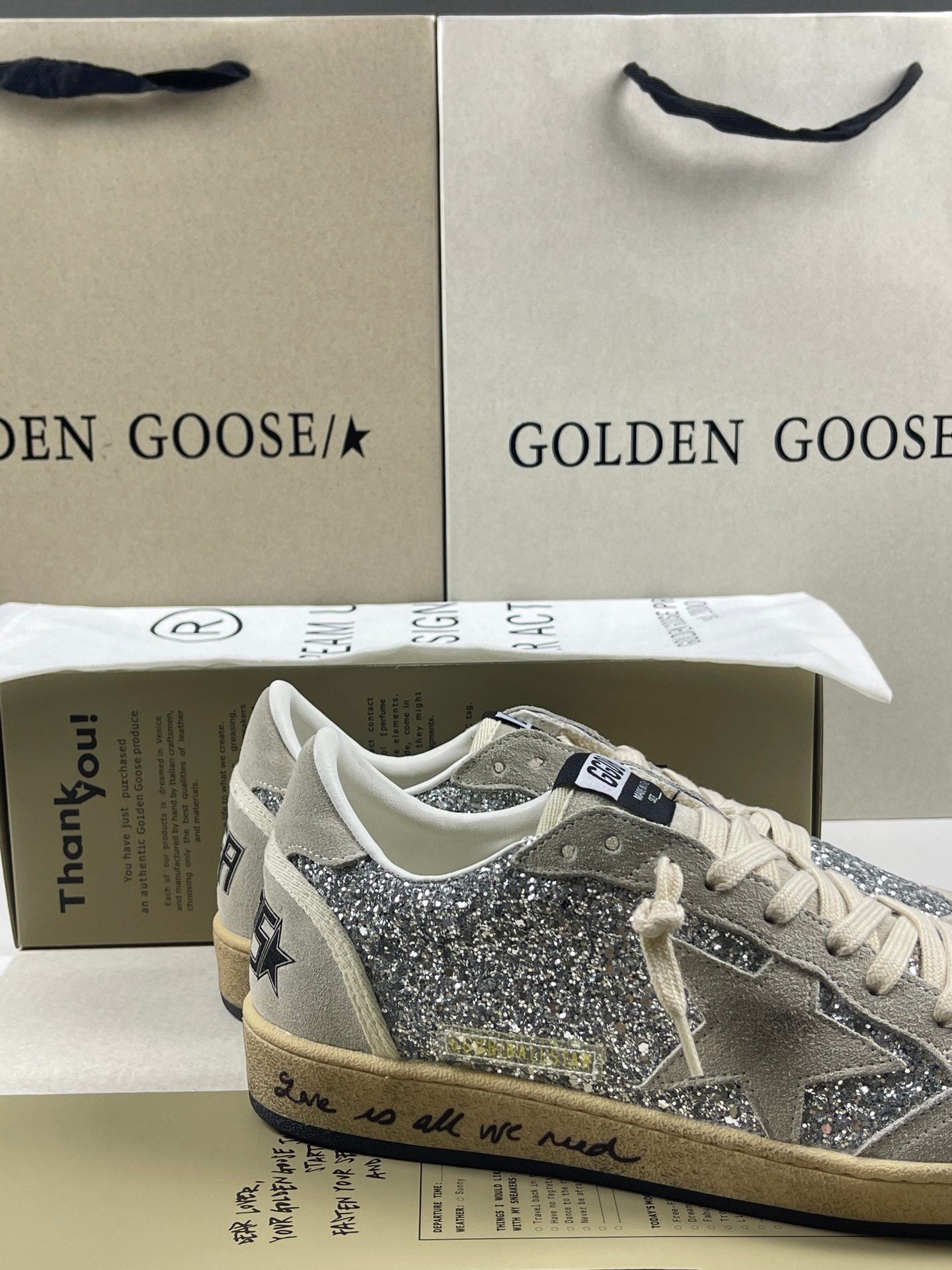 Golden Goose Ball-Star 'Silver Glitter Ice Grey Suede Star & Heel Tab'
