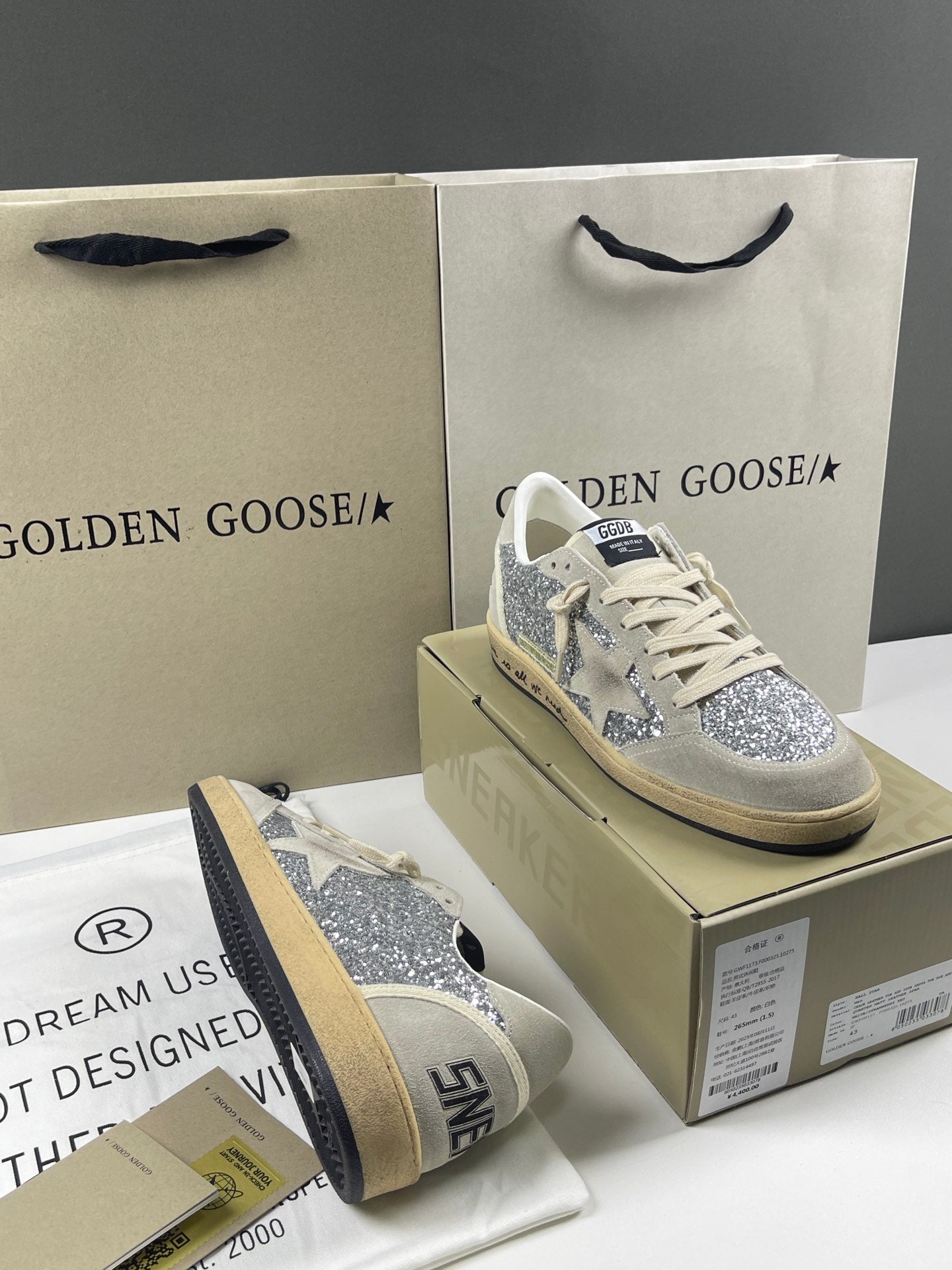 Golden Goose Ball-Star 'Silver Glitter Ice Grey Suede Star & Heel Tab'