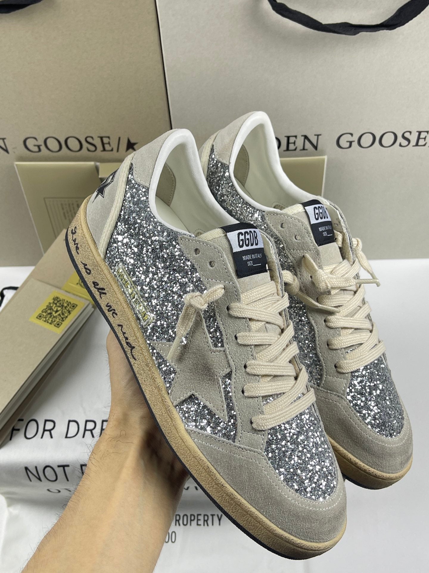 Golden Goose Ball-Star 'Silver Glitter Ice Grey Suede Star & Heel Tab'