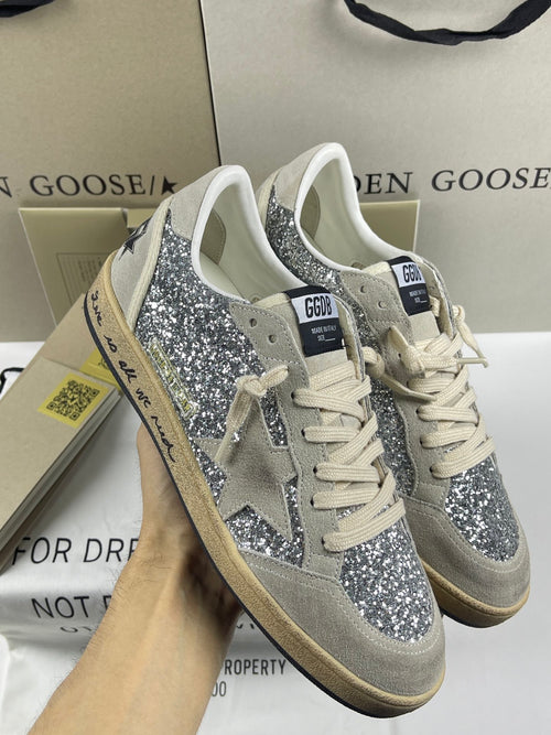 Golden Goose Ball-Star 'Silver Glitter Ice Grey Suede Star & Heel Tab'
