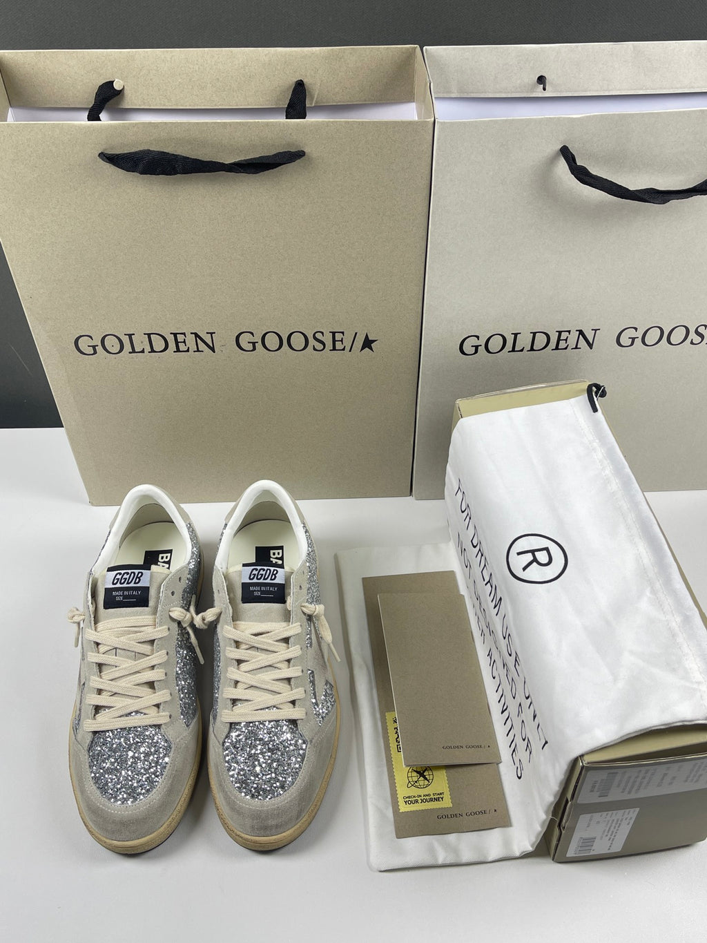 Golden Goose Ball-Star 'Silver Glitter Ice Grey Suede Star & Heel Tab'