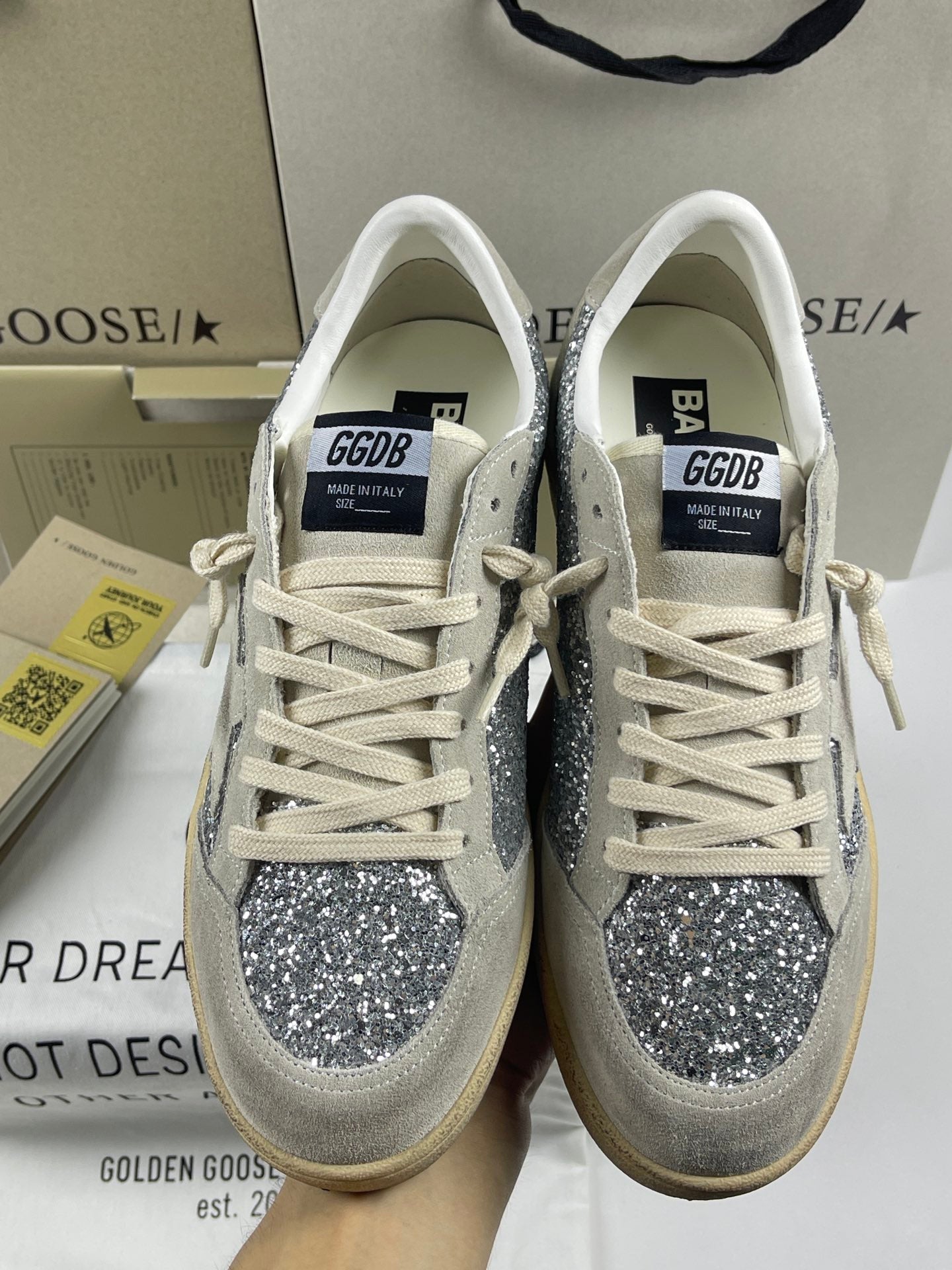 Golden Goose Ball-Star 'Silver Glitter Ice Grey Suede Star & Heel Tab'