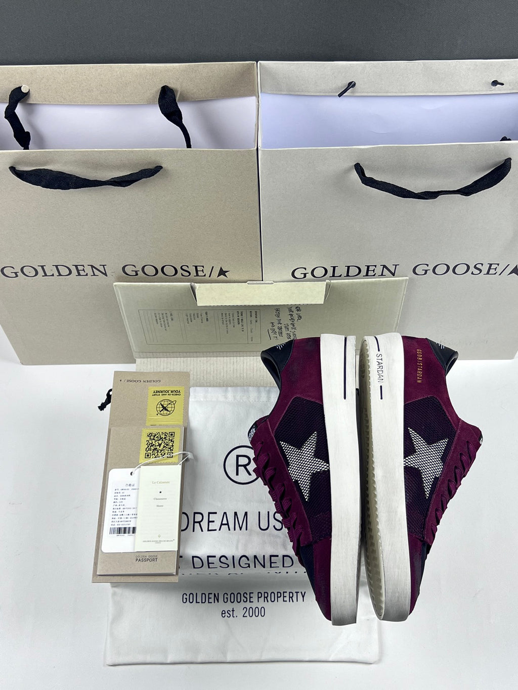 Golden Goose Stardan 'Black Mesh Burgundy Suede White Leather Star/Black Leather Heel Tab'