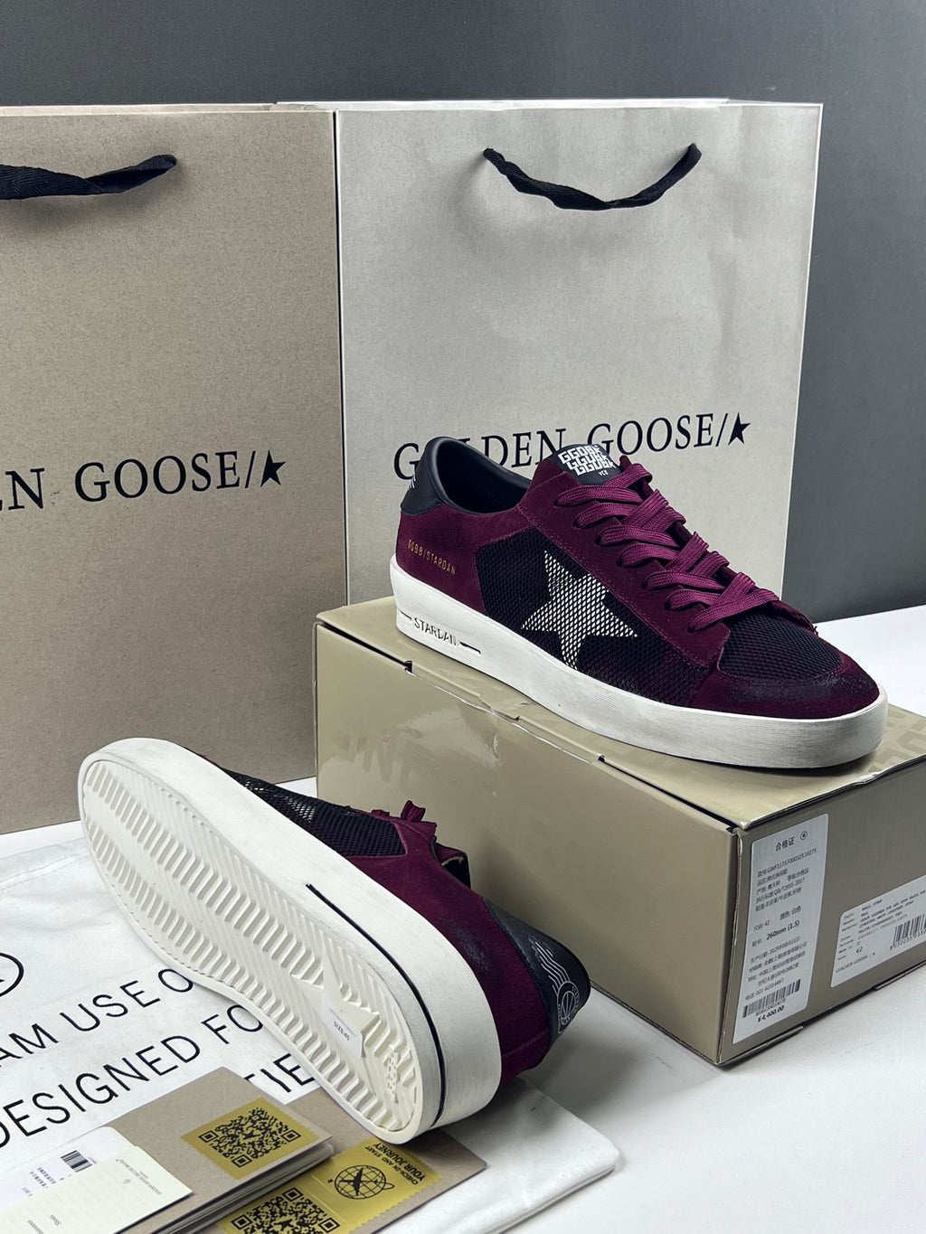 Golden Goose Stardan 'Black Mesh Burgundy Suede White Leather Star/Black Leather Heel Tab'