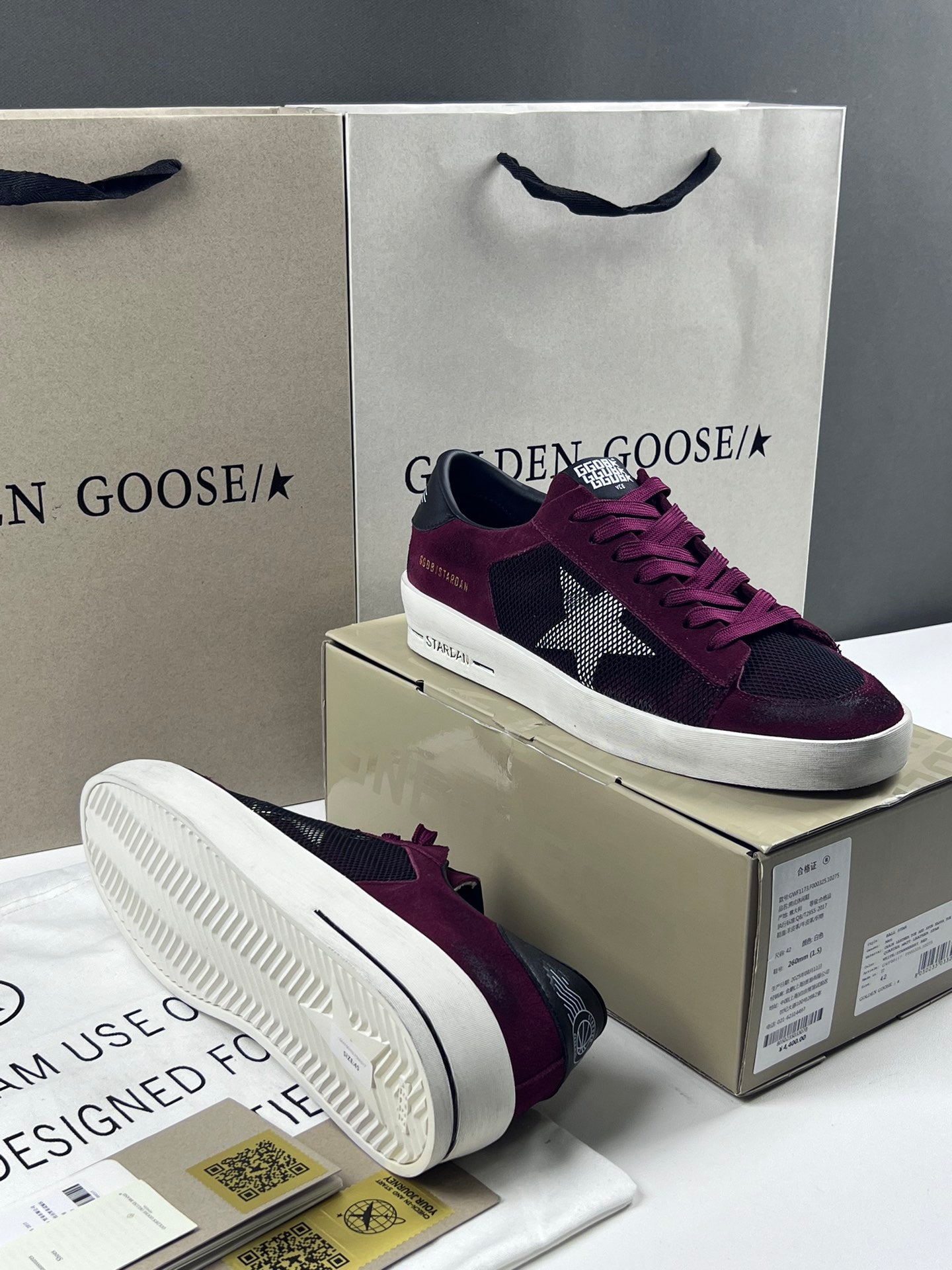 Golden Goose Stardan 'Black Mesh Burgundy Suede White Leather Star/Black Leather Heel Tab'