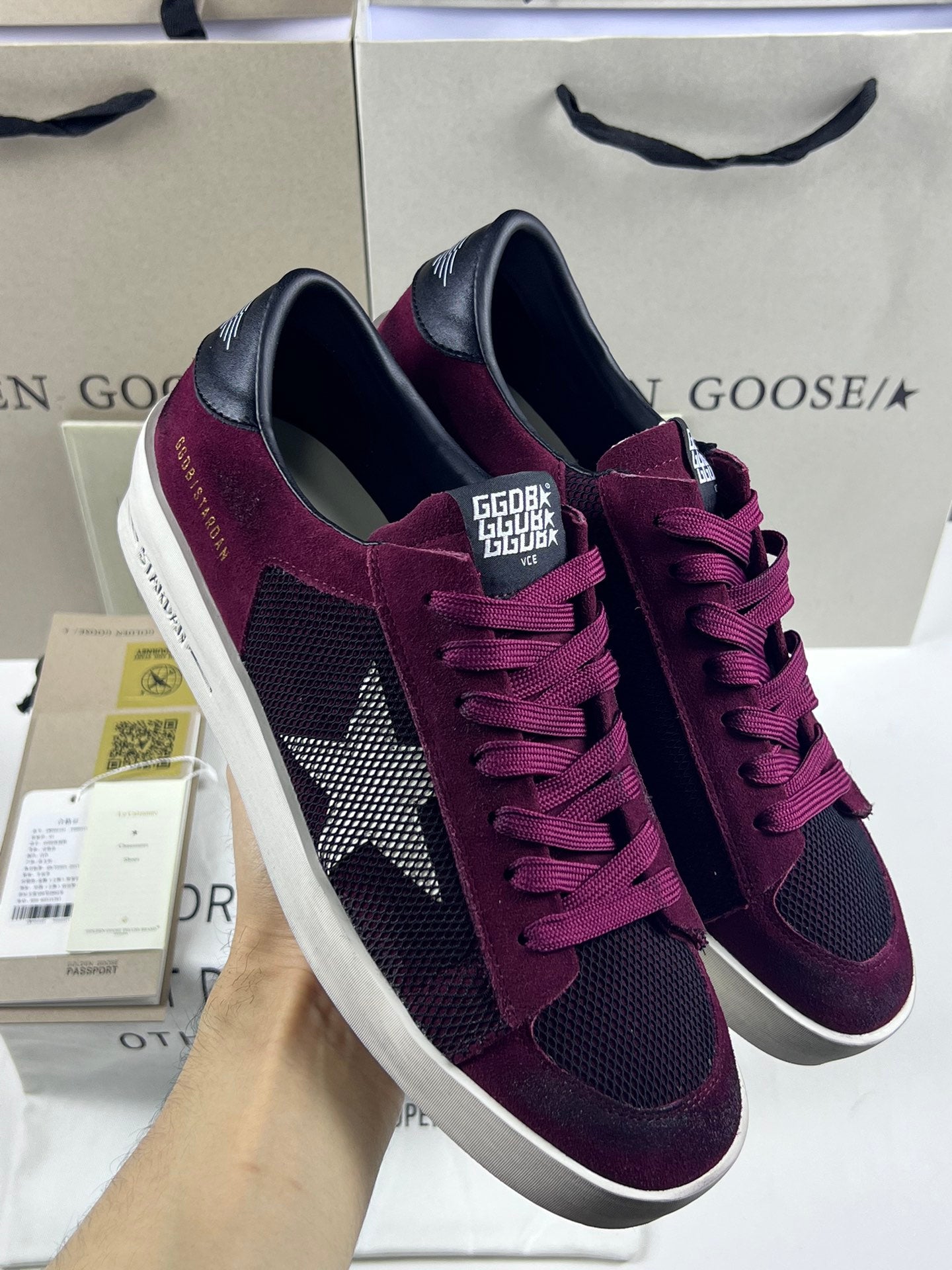 Golden Goose Stardan 'Black Mesh Burgundy Suede White Leather Star/Black Leather Heel Tab'