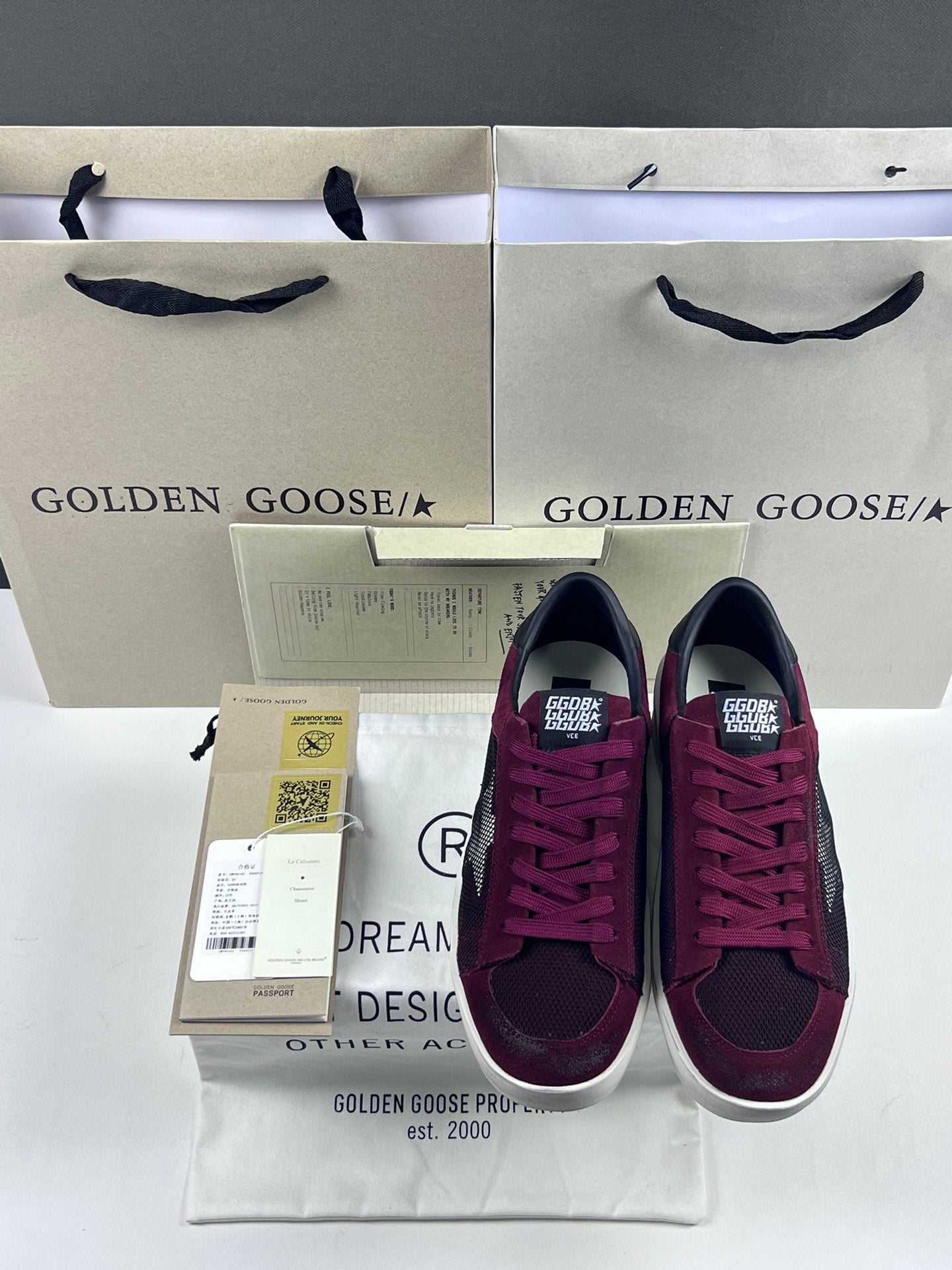 Golden Goose Stardan 'Black Mesh Burgundy Suede White Leather Star/Black Leather Heel Tab'