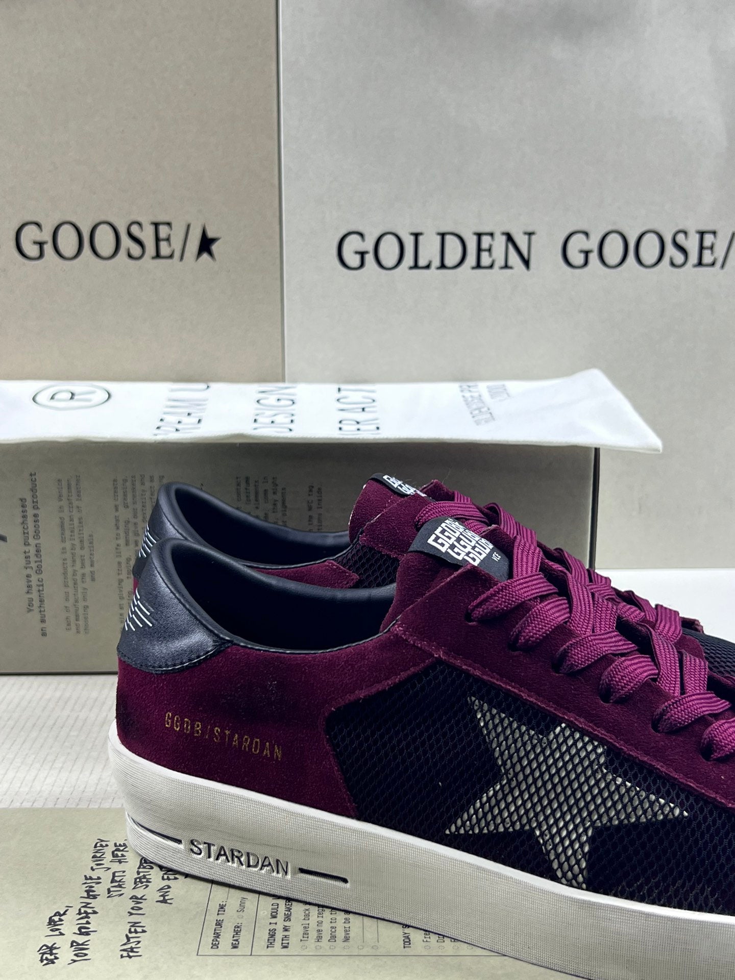 Golden Goose Stardan 'Black Mesh Burgundy Suede White Leather Star/Black Leather Heel Tab'