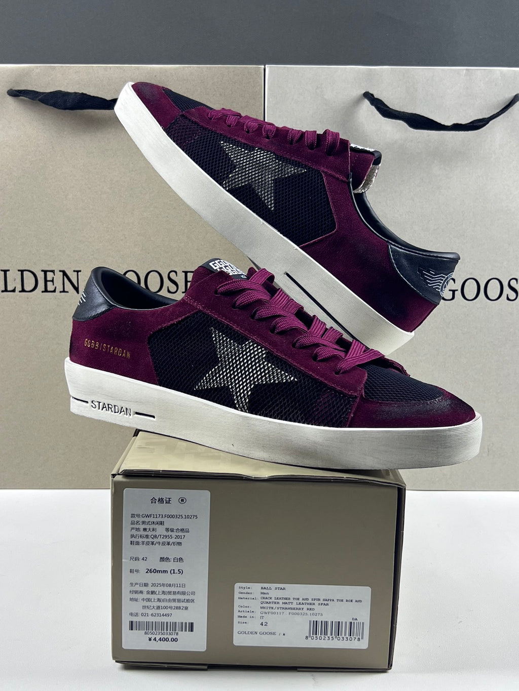 Golden Goose Stardan 'Black Mesh Burgundy Suede White Leather Star/Black Leather Heel Tab'