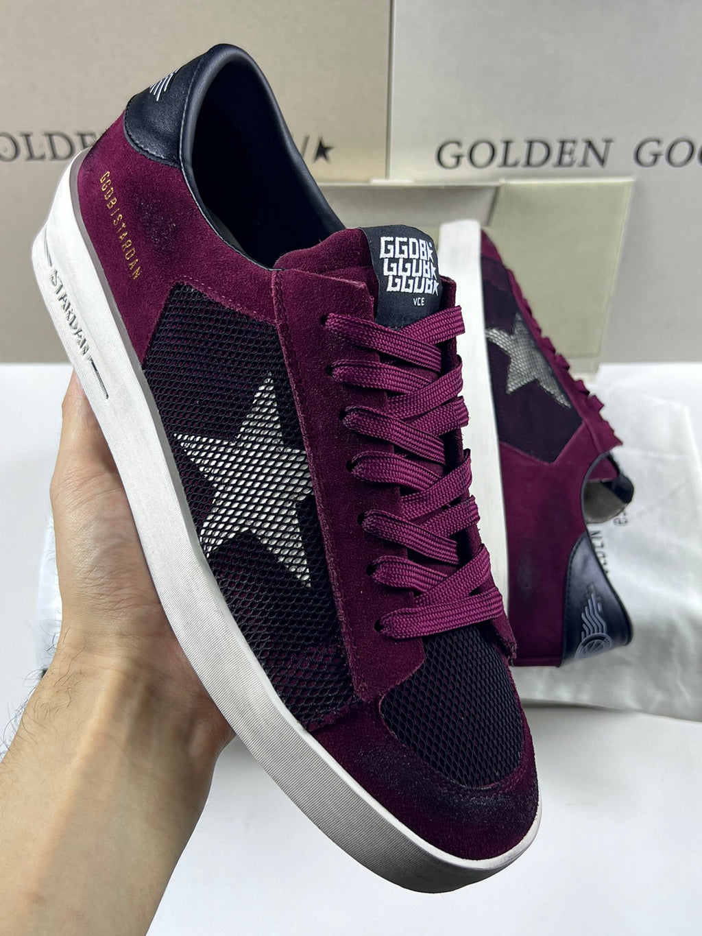 Golden Goose Stardan 'Black Mesh Burgundy Suede White Leather Star/Black Leather Heel Tab'