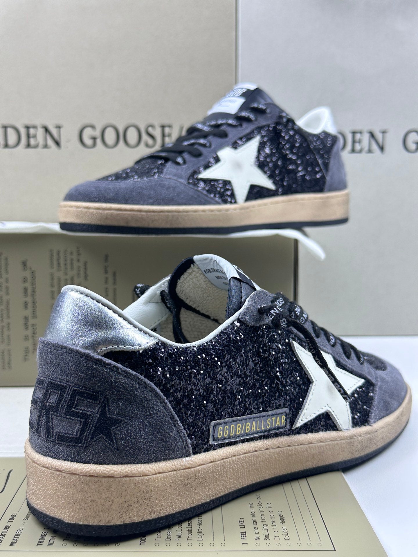 Golden Goose Ball-Star 'Black Glitter Leather White Star/Silver Heel Tab'