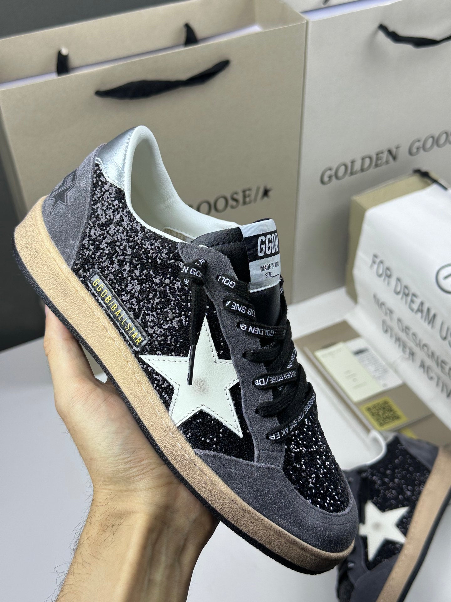 Golden Goose Ball-Star 'Black Glitter Leather White Star/Silver Heel Tab'