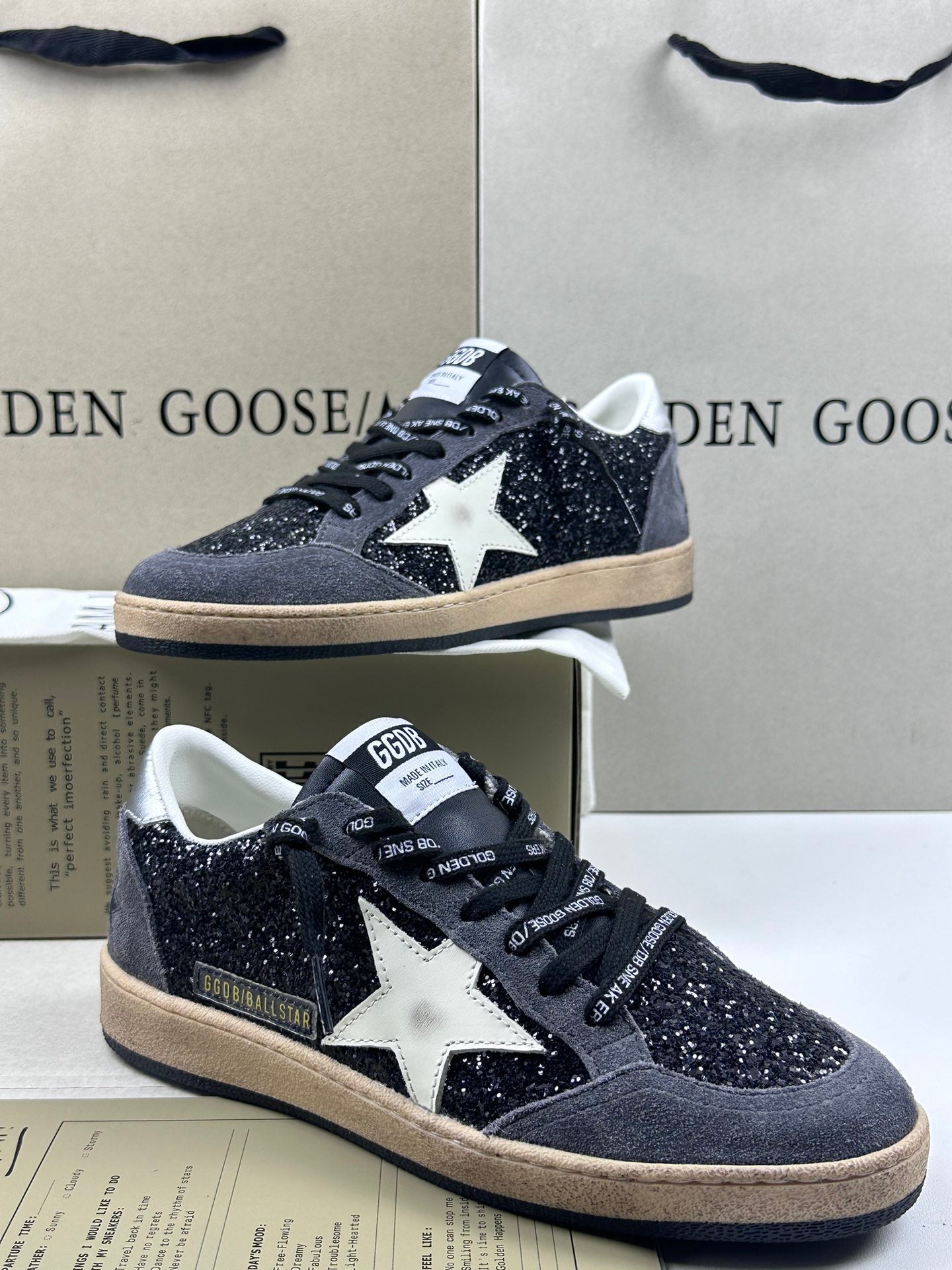 Golden Goose Ball-Star 'Black Glitter Leather White Star/Silver Heel Tab'