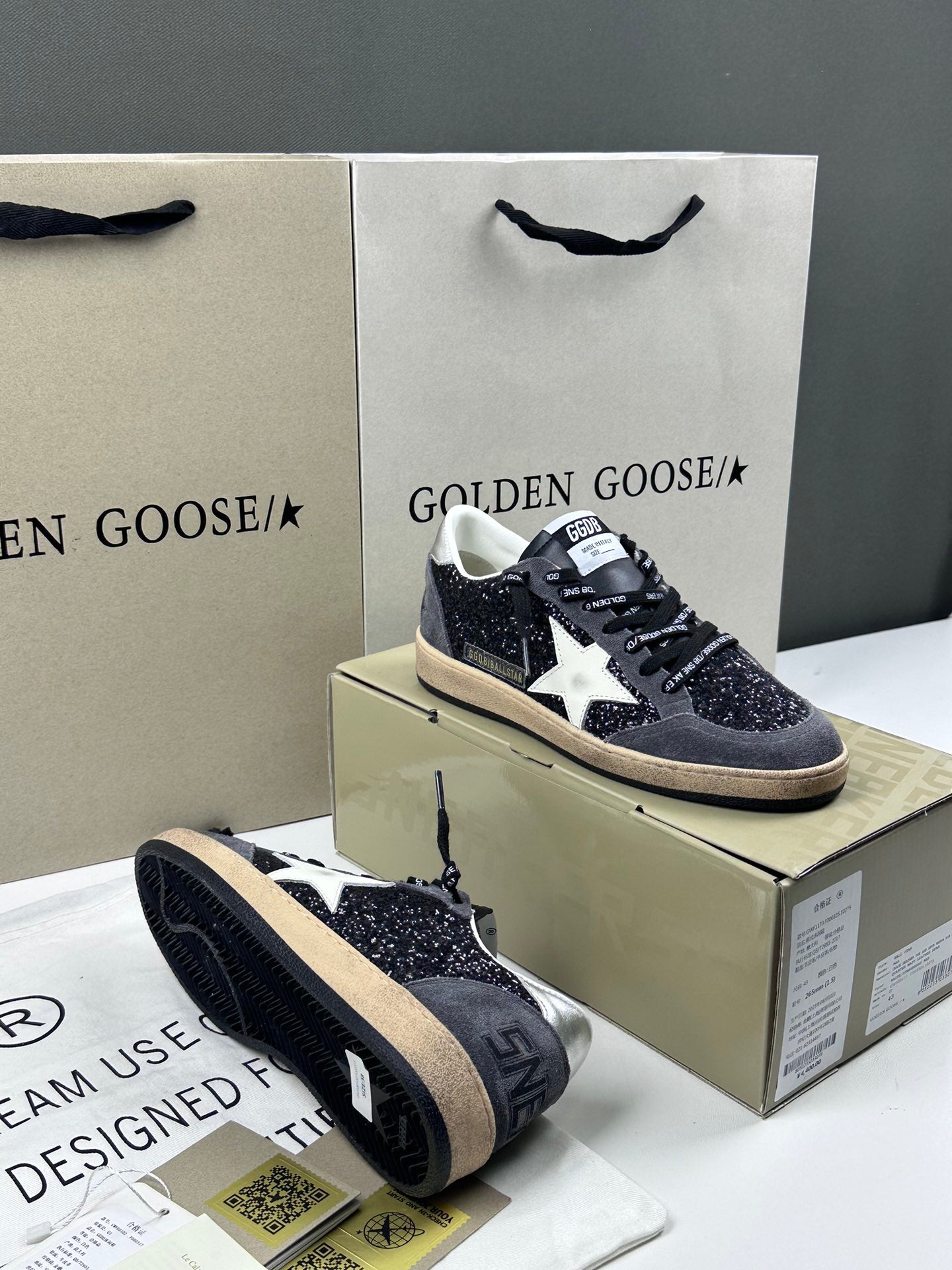 Golden Goose Ball-Star 'Black Glitter Leather White Star/Silver Heel Tab'
