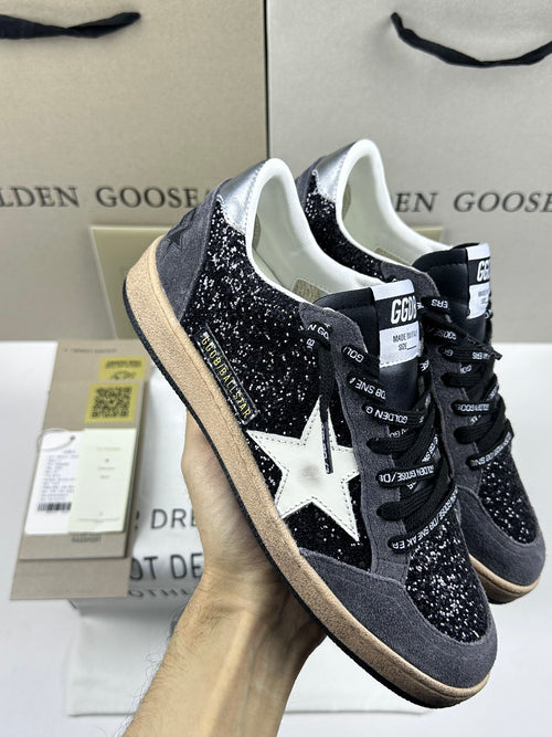 Golden Goose Ball-Star 'Black Glitter Leather White Star/Silver Heel Tab'